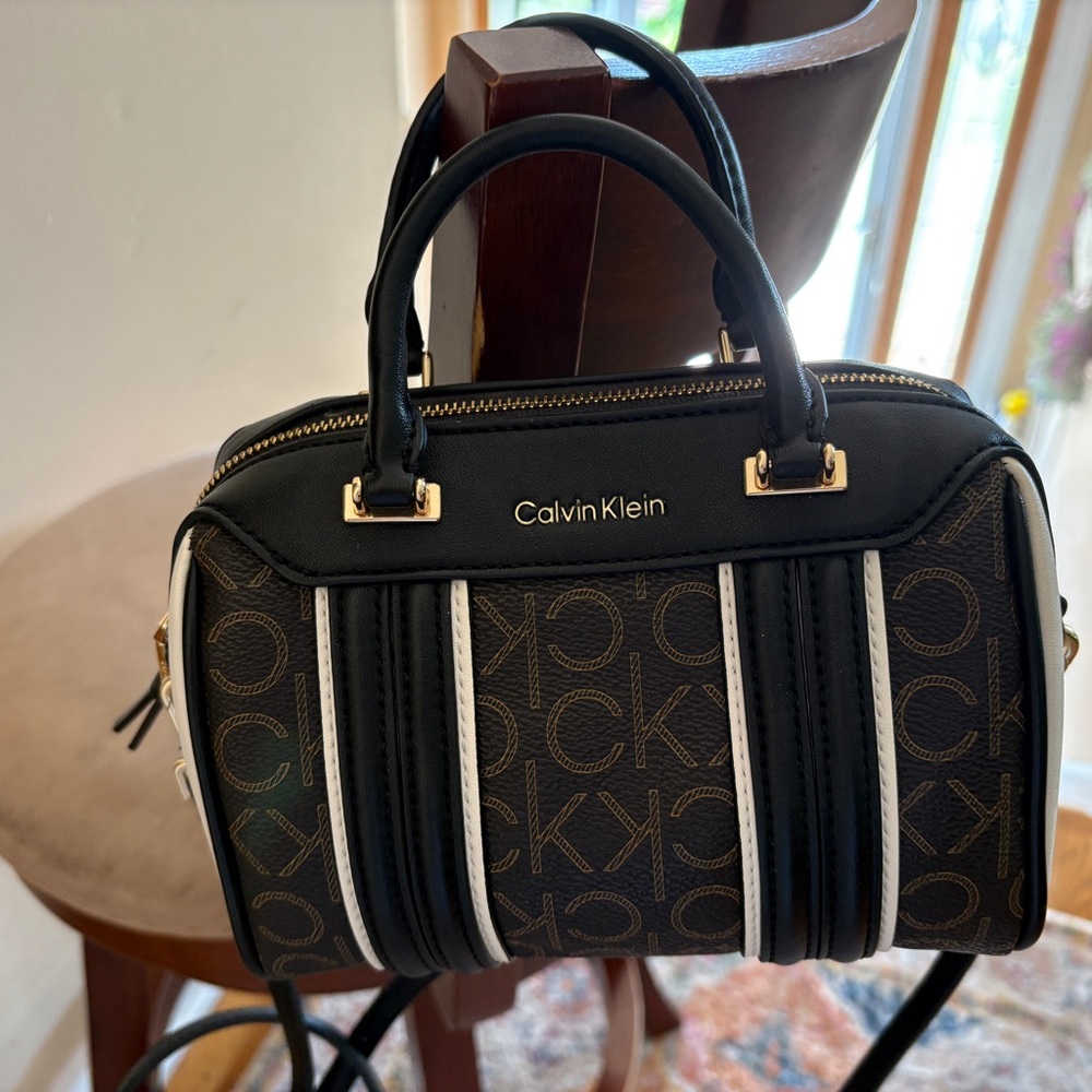 Calvin Klein Black and Brown Satchel with White Accents